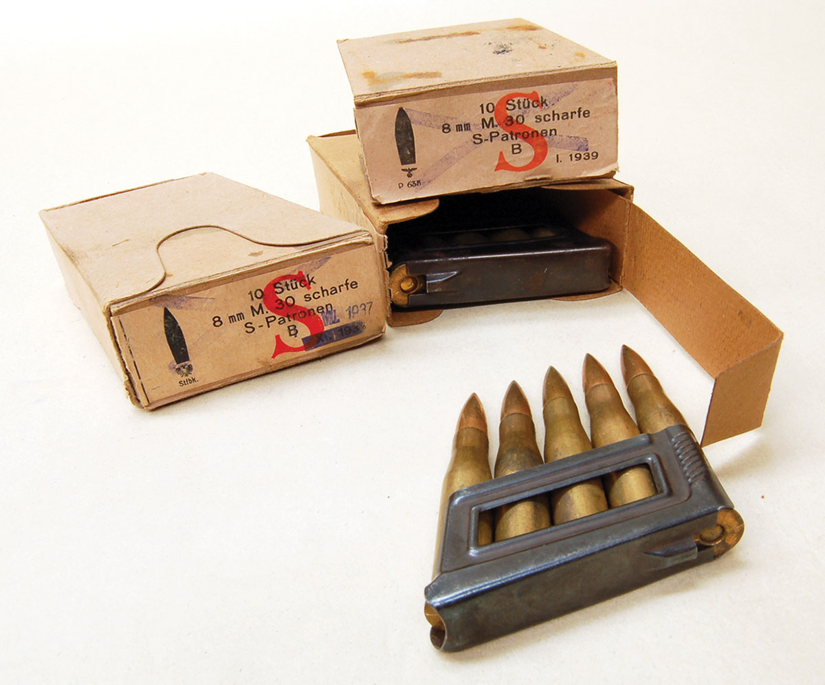 The packaging of World War II 8x56mmR cartridges for the Mannlicher M95 straight pull.